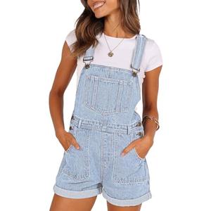 Pink Queen Women's Casual Loose Bib Short Jean Overall Outfits Relaxed Fit Empire Waist Shortalls Workwear with Adjustable Straps and Convenient Tool Pockets Light Blue, L