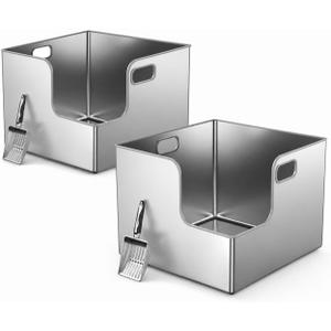 2 Pack XXXL Square Stainless Steel Litter Box with High Sides,XXL Metal Corner Cat Litter Box with Tall Walls for Big&Multiple Cats Maine Coon,One-Piece High Sided,Extra Large,Anti-Leakage,Non Stick