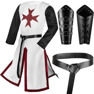 Hicarer Medieval Crusader Knights Halloween Men's Tunic Renaissance Costume Set Viking Belt for Warrior Knight Cosplay (Large, Red)
