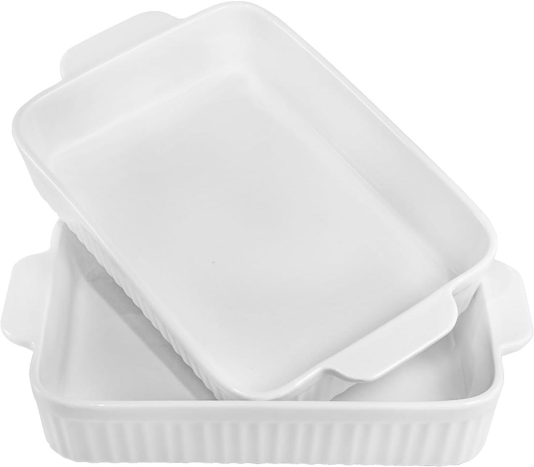 10inch Casserole Dish for Oven, Ceramic Baking Pan, Rectangular Lasagna Pan Deep with Handles for Baking, Durable Microwave Oven Safe, White (Small, 2 Pcs)