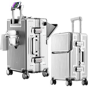 2-Piece Hardshell Zipperless Luggage Set, 20/26" Aluminum Frame Hardshell Spinner Luggage, Airline Approved Carry-On Luggage, TSA Lock, 360° Quiet Wheels With Cup Holder (silver)