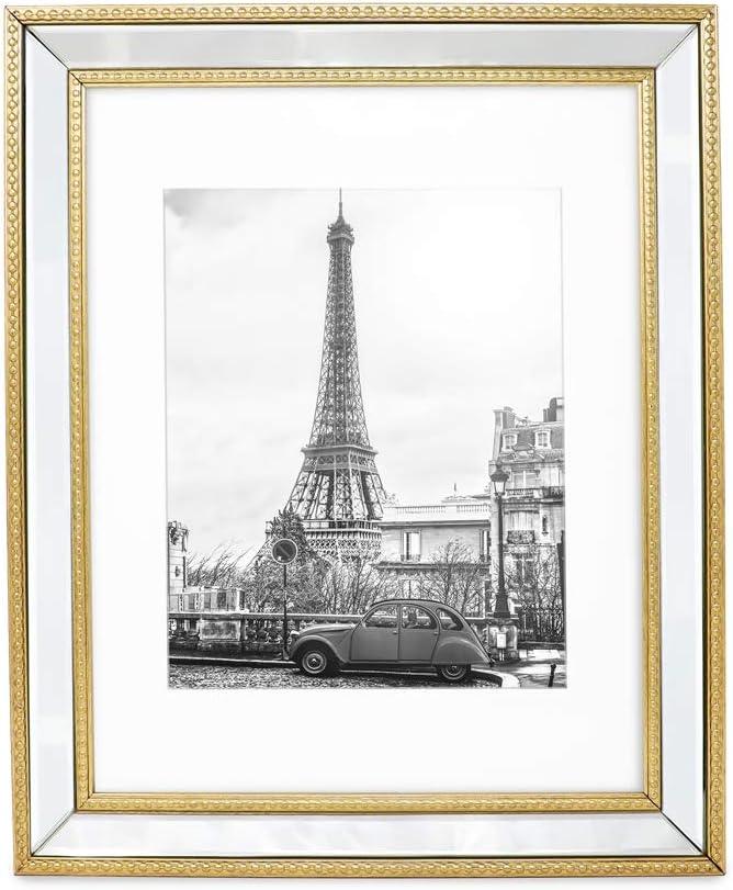Isaac Jacobs 11x14 (Matted 8x10) Gold Mirror Bead Picture Frame - Classic Mirrored Frame with Dotted Border Made for Wall Display, Photo Gallery and Wall Art (11x14 (Matted 8x10), Gold)