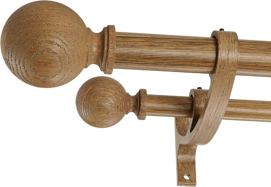 Double Wooden Curtain Rods for Windows 72 to 144 Inches,1 Inch Front and 5/8 Inch Back Boho Curtain Rod with Imitation Wood Grain Ball Finials and Double Aluminum Bracket,Dark Brown Wood Grain