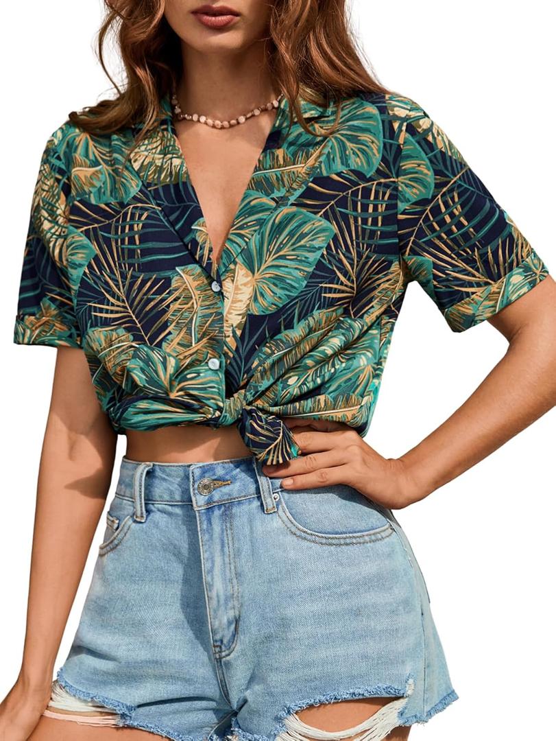 Verdusa Women's Collared Button Up Short Sleeve Tropical Shirts Hawaii Blouses (X-Large, Multicolor)