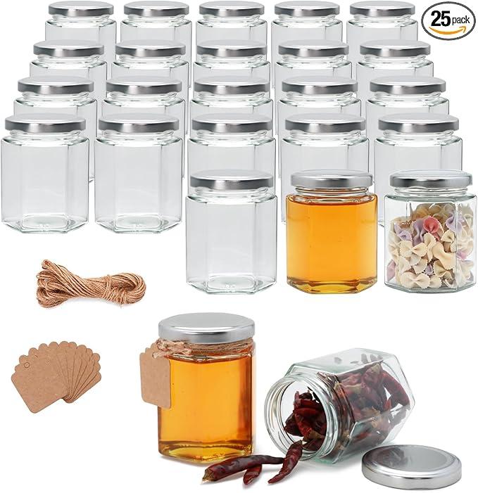 Encheng 6oz Clear Hexagon Jars,22 Pcs Honey Jars with Silver Lids,Glass Canning Jars with Tags and Jute Twine for Food Storage,Party Favor,Herbs,Jelly,Jams,Spices,Wedding Favor