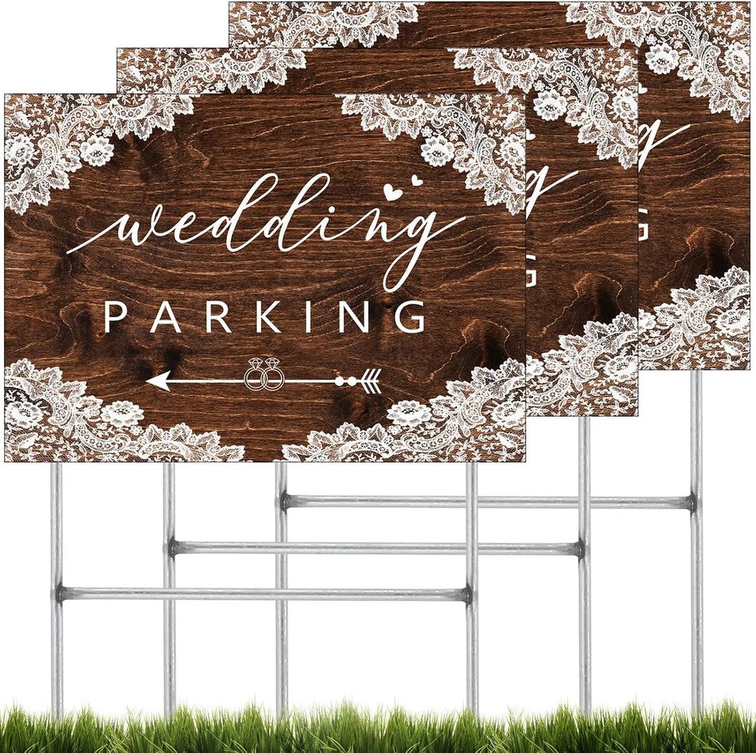 3 Packs Wedding Parking Signs 17"x12" Wedding Entrance Sign with H Stakes Plastic Double Sided Printed Arrows Waterproof Outdoor Directional Arrow Lawn Yard Signs Decorations (Rustic)