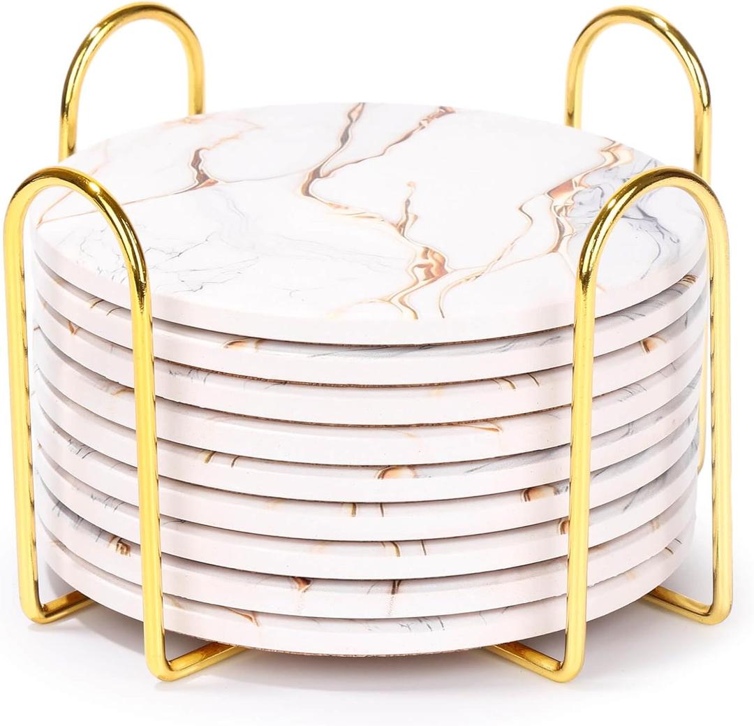 9 Pieces Ceramic Drink Coasters with Holder, Billbotk Absorbent Drink Coasters for Coffee Table, Marble Style Coasters Wooden Table, Suitable for Kinds of Cups, 4 Inches (Gold White)
