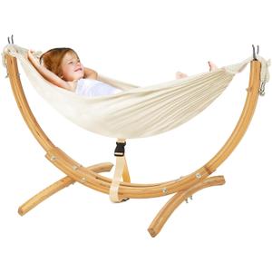 FUNLIO Wooden Hammock with Stand for Kids 3-5 Years (Height < 3.9ft/120cm), Premium Solid Wood Kids Hammock Chair Stand, Stable Structure, Wider & Longer Children Hammock, 220lbs Capacity