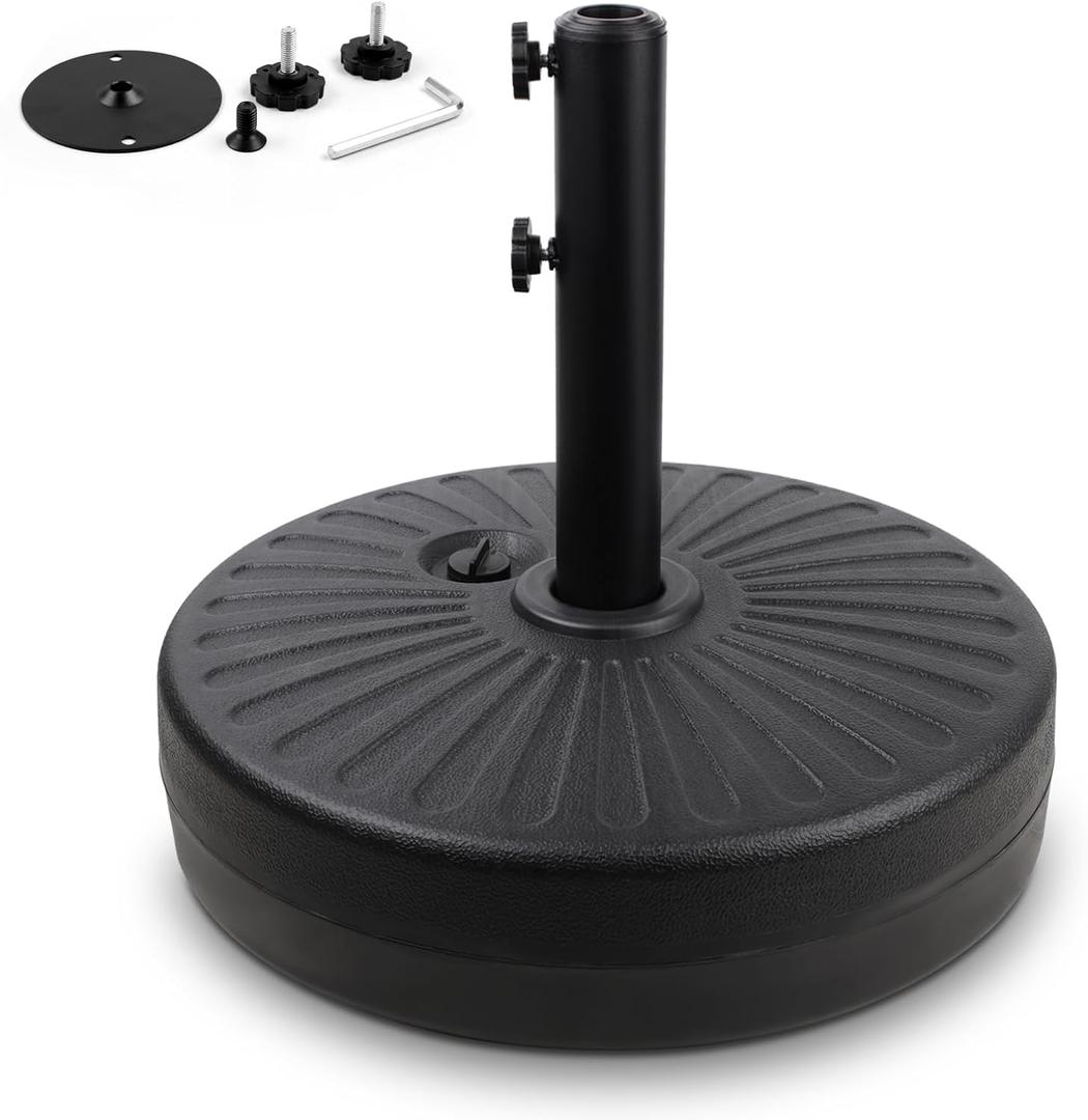 Heavy Duty Umbrella Round Base Stand with Steel Umbrella Holder, Water or Sand Fillable for Outdoor, Patio, Market, Lawn, Garden, 50lbs Weight Capacity, 20inch (Black)