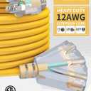 100Ft 12/3 Outdoor Extension Cord with 3-Outlets, Heavy Duty 12 Gauge 3 Prong Extension Cord Waterproof with Lighted end, 15A 12AWG 1875W SJTW, ETL Listed - Great for Garage, Garden and Home, Yellow