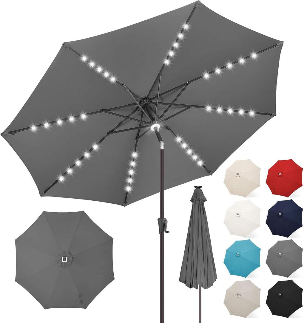 FLAME&SHADE Solar Patio Umbrella with a Centre Light, 11 FT Anthracite | 40 LED Lights, UV Protection, Waterproof, Porch Deck Outdoor Umbrella for Pool, Backyard, Garden, Provides Evening Lighting
