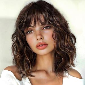 ENTRANCED STYLES Brown Highlight Wig with Bangs for Women Short Wavy Curly Brown Bob Wigs Medium Length 14 inch Synthetic Hair for Daily Party Use (Brown Mix Blonde)