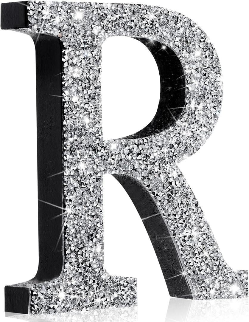 Qunclay Silver Crystal Diamond Bling Letters Crushed Diamond Decorations Glitter Letters with Screws and Hooks Rhinestone Gifts for Wedding Birthday Wall Bedroom Bathroom Decor(Letter R,12l" X 12"w)
