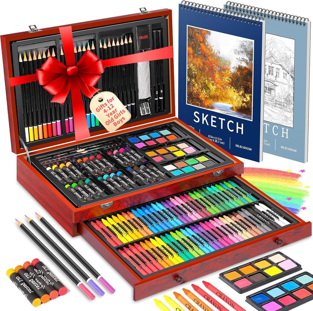 Hapikalor 156-Pack Art Kit Drawing Set with 2 Sketch Book, Crayons, Colored Pencils, Arts and Crafts Art Supplies (Brown)