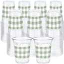 100 Pcs Sage Green Gingham Plastic Cups 12 oz Green Checkered Plaid Disposable Plastic Drinking Cups Bulk for Baby Shower Wedding Birthday Christmas Party Decoration Supplies