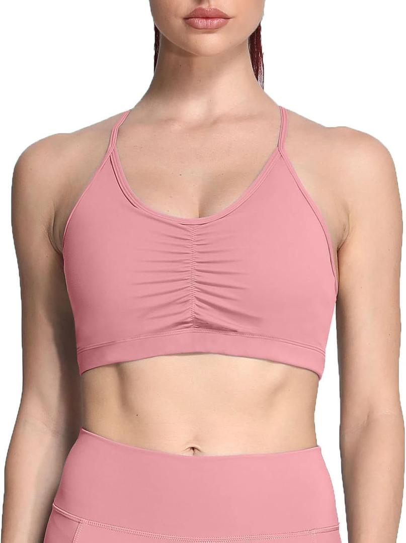 Aoxjox Sports Bras for Women Workout Fitness Ruched Training Baddie Cross Back Yoga Crop Tank (Small, Pink)