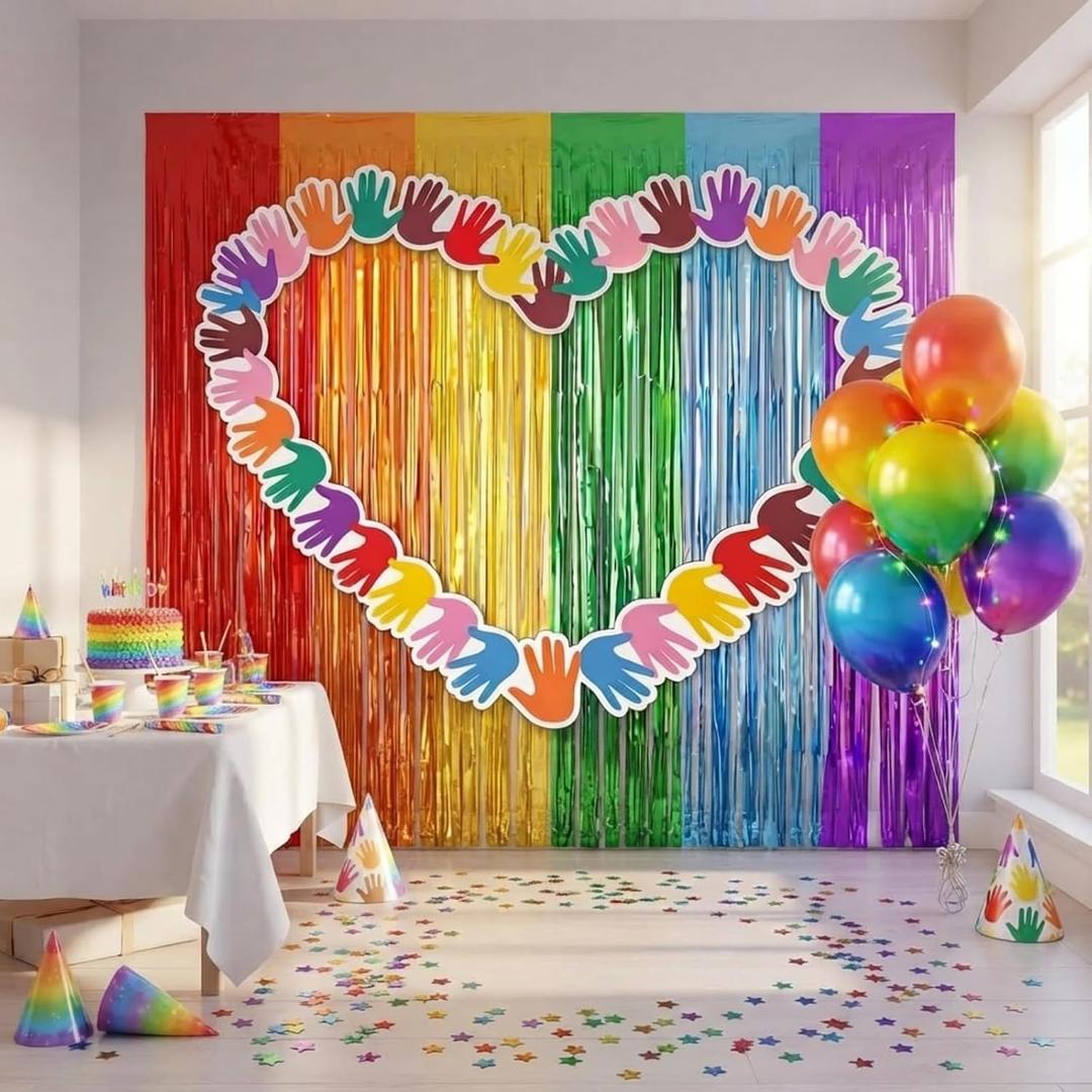 Haull 8 Pcs Rainbow Birthday Party Decorations, 3.3 x 6.6 ft Rainbow Foil Fringe Backdrop with Colorful Hands Hanging Banner Photo Booth Prop for Birthday Wedding Party Decorations