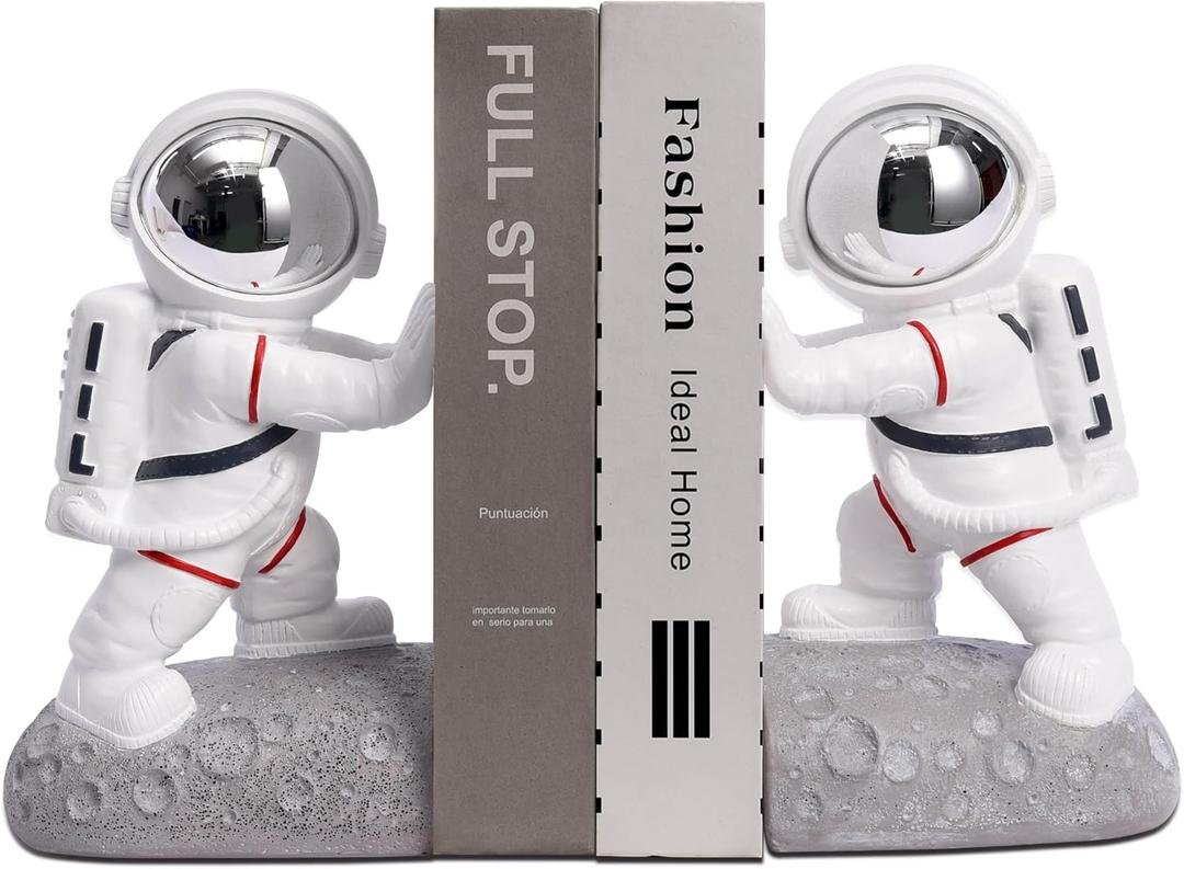 Space Theme Bookends - Astronaut Kids Book Stoppers, Heavy Duty Resin Bookends for Shelves (D-Silver Color)
