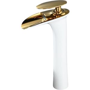 Bathroom Vessel Faucet Waterfall Bathroom Sink Faucet, Single Hole Tall Vessel Bathroom Faucets, White&Gold, Solid Brass, SHUNLI