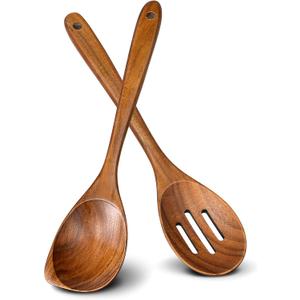 2Pcs Wooden Spoons for Cooking, Natural Premium Teak Wood Corner Spoon & Slotted Spoon, Good Grip Large Cooking Spoons Spatula, Heat Resistant Wooden Kitchen Cooking Utensils Set for Nonstick Cookware