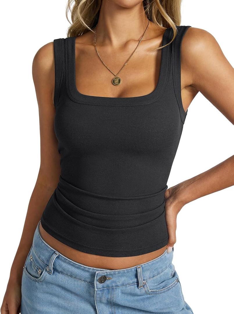 EasyGala Womens Cotton Ribbed Square Neck Tank Tops Basic Backless Sleeveless Summer Cami Shirts 2025 (Large, Black)