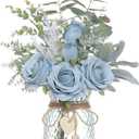 Faux Flowers with Vase,Artificial Silk Roses in Vase, Fake Plant Eucalyptus Flower Arrangement for Home Office Farmhouse Bathroom Dining Table Centerpiece Decorations Coffee Table Decor (Dusty Blue)