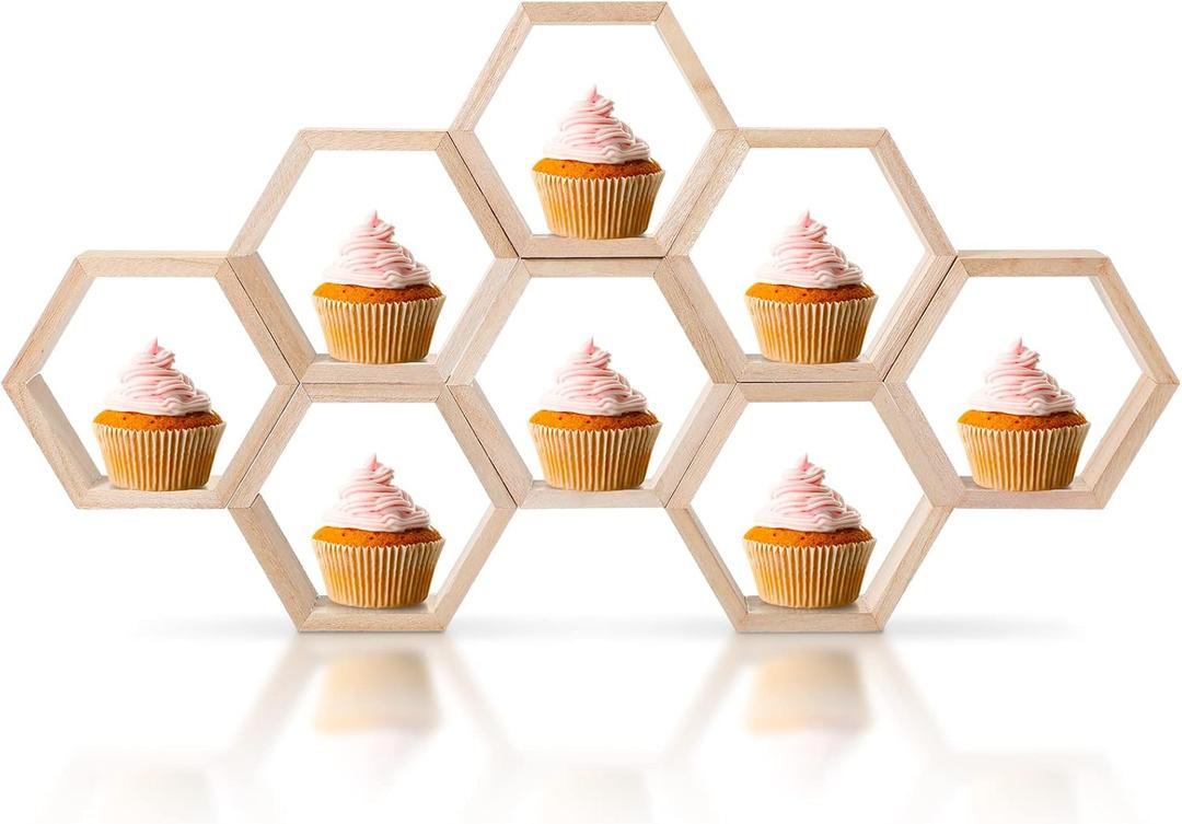 Kigley 8 Pcs Mini Honeycomb Cupcake Stand Wooden Hexagon Cake Display Holder Farmhouse Hexagonal Floating Table Sign for Baby Shower Birthday Party(Burly Wood)