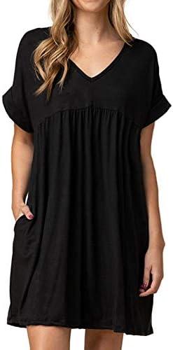 Jayscreate Women's Baby Doll Dress Summer Casual Tunic Pleated Flowy Swing Short Sleeve Black V Neck Mini Dress.3XL