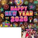 2026 Happy New Year Neon Backdrop 2026 New Years Eve Photography Background NYE Colorful Firework Year's Eve Party Decorations Banner Booth Props (7x5FT(2.1m x 1.5m))