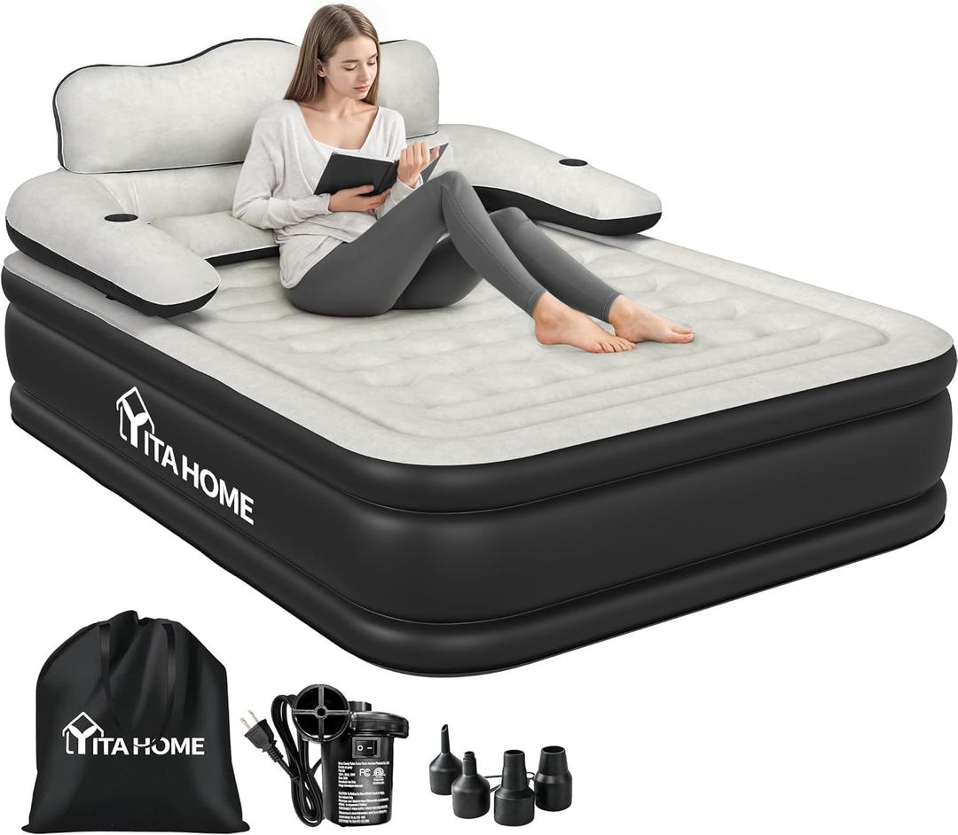 YITAHOME Queen Size Air Mattress with Headboard and Built-in Pump, 18in Blow Up Mattress with Carry Bag, Repair Kit, and Nozzles for Home, Camping, and Travel (Black&gray)