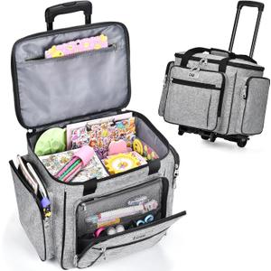 CAB55 Rolling Craft Bag, Tote Bag with Wheels for Women, Rolling Teacher Bag with Removable Folding Hand Truck (Grey)