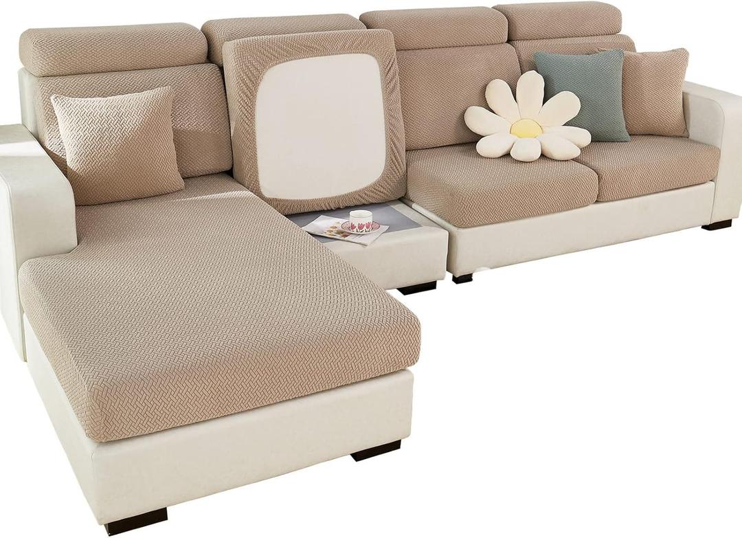 ShowyLive 2025 New Wear-Resistant Universal Sofa Cover, Stretch Couch Cushion Slipcovers Replacement, Anti-Slip L Shape Sofa Covers, Chaise Lounge Sofa Slipcover (Weave Camel,Large Single Seat Cover)