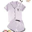 Rooscier Women's Satin Pajamas Set V Neck Short Sleeve Shirt With Shorts Sleepwear (Pink, L)