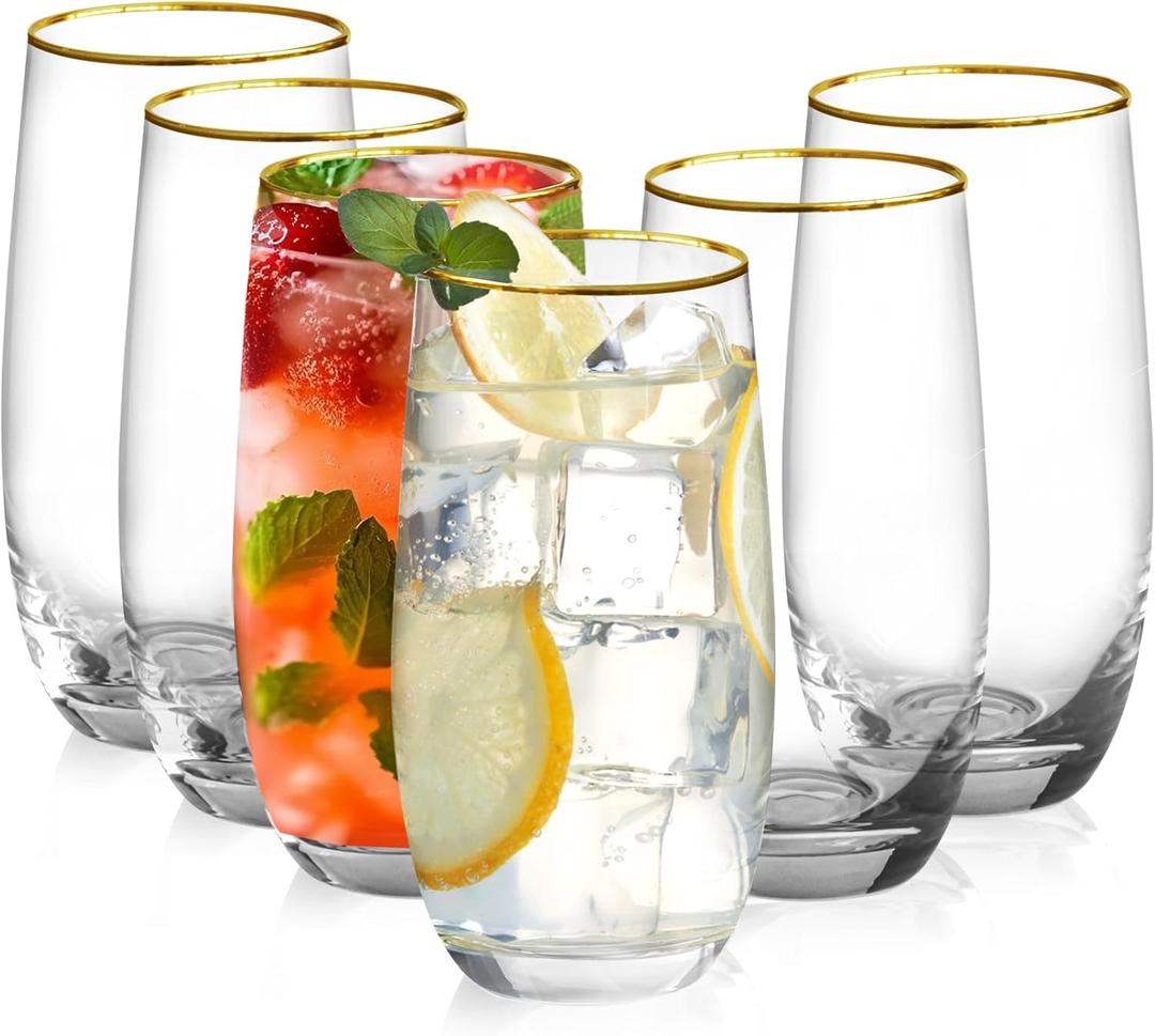 Drinking Glasses Set of 6, Crystal Tall Highball Water Glasses 13 oz Gold Rimmed Glassware Cups Drinking for Mojito Cocktail Juice Water Beverage