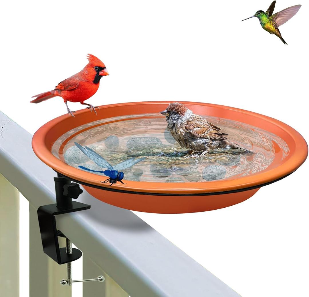 Deck Mounted Bird Bath for Railing,Vivid Terracotta Finish,Detachable Bowl & Heavy Duty Adjustable Clamp Rust-Proof 11.5 Inch Metal Bird Feeder for Balcony,Patio,and Garden(Oriole Orange)