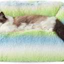 Lesure Cute Cat Bed Indoor - Furry Cat Bed Large, Washable Calming Small Dog Beds for Puppy with Fashion Design, 26x21x9inches, Green Stripe (Medium)