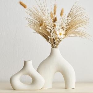 AWNR White Ceramic Vase Set of 2 for Modern Home Decor, Minimalist Round Donut Flowers Vase for Centerpieces Unique Neutral Boho Vase for Living Room Tv Stand Dining Room Dinner Table Decoration