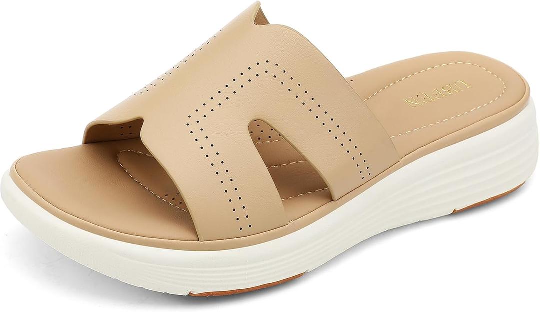 UBFEN Womens Platform Sandals Comfortable Walking Slide Soft Cushioning Footbed Casual Dressy Wedge Sandals (Beige)