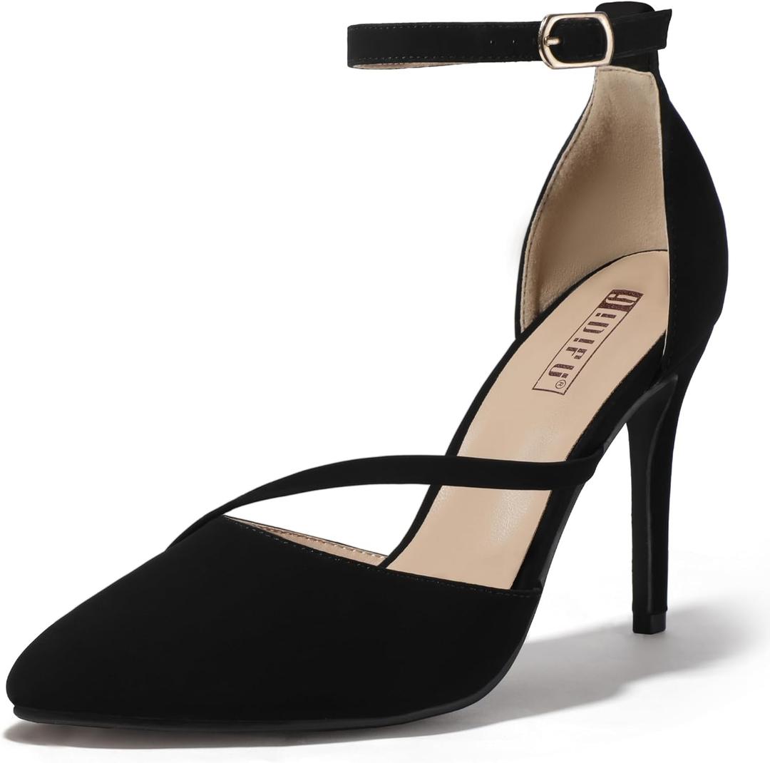 IDIFU IN4 Women's Pumps Closed Toe Heels Stiletto High Heels Dress Shoes for Women Wedding Prom Dressy Party Bridal Shoes Trendy Strappy Pointed Toe Ankle Strap Heels Pumps (5, Black Nubuck)
