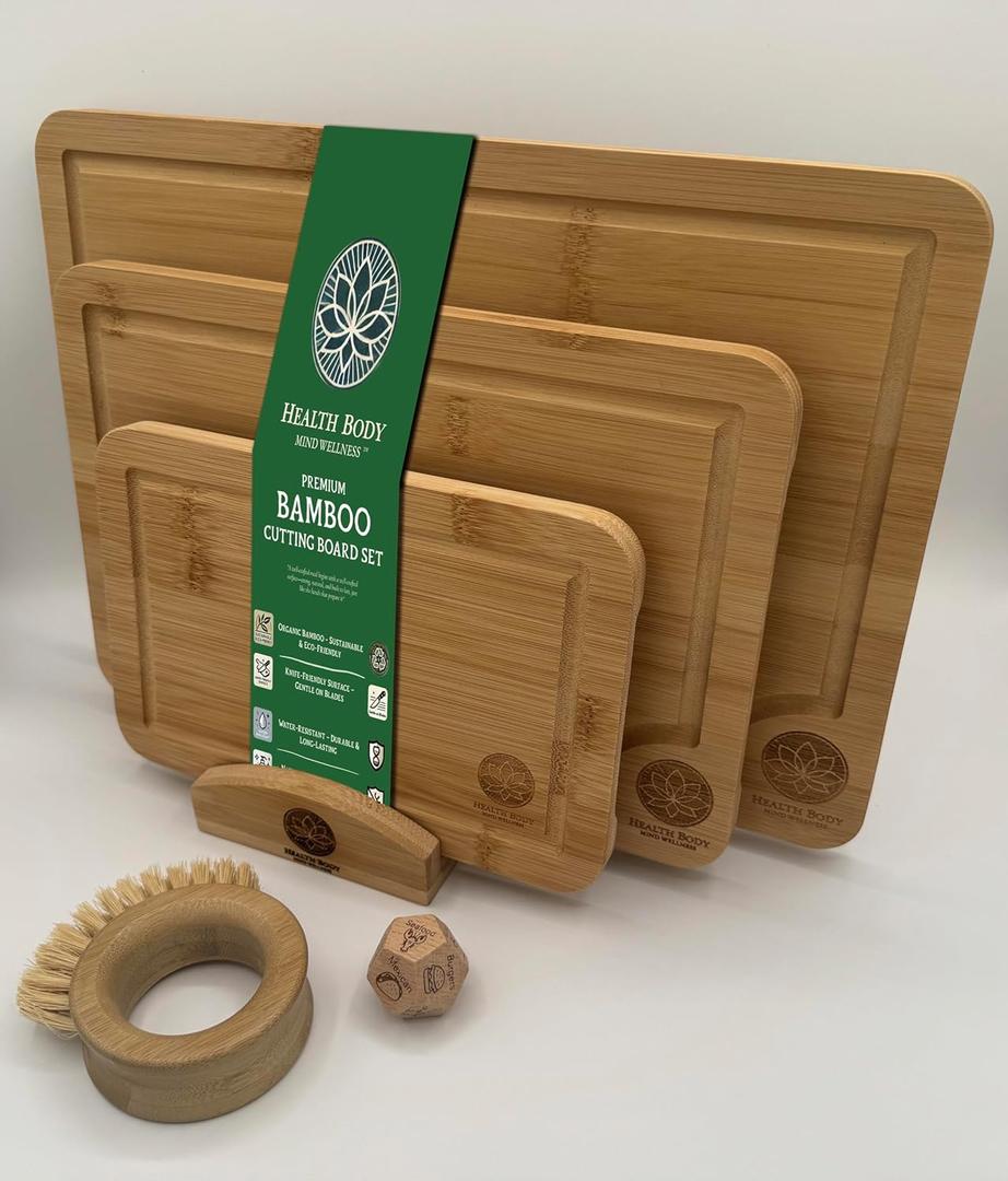 Bamboo Cutting Board Set with Holder, 3-Piece Kitchen Cutting Boards, Cleaning Brush, 15"L x 10"W x 0.5"Th