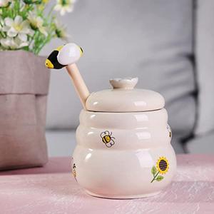 Kosmeey Ceramic Honey Jar with Wooden Honey Dipper-Honey Pot with Dipper- Honey Jar with Stand, Great Bee Decor- Farmhouse Kitchen Decoration (Honey Jar-Bee)