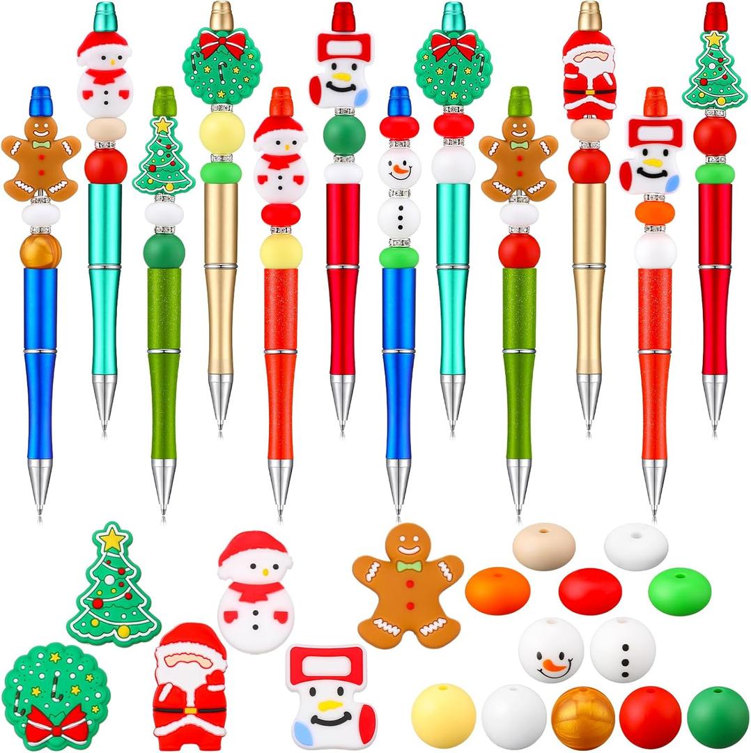 Fuutreo 12 Set 126 Pcs Christmas Beadable Pens Kit Silicone Plastic Wooden Beaded Pens Candy Beads Pen Snowmen Santa Bead Ballpoint Pen Black Ink for Students Kids Teacher School Making DIY(Silicone)