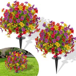 23" Set of 2 Artificial Boxwood Topiary Ball with Violet Flowers with Spikes for Outdoor, UV Resistant Faux Greenery Shrubs, Realistic Fake Bushes Plants for Garden, Yard, Front Porch, Patio Decor