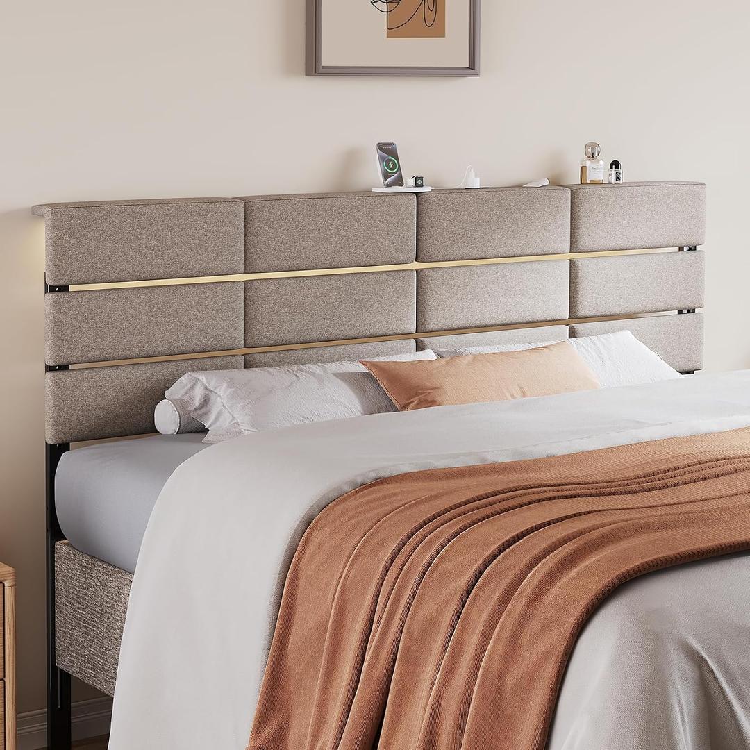 King/Cal King Size Upholstered Headboard, Adjustable Head Boards with LED Light & Charging Station, Bed Headboard Only, Attach Frame, Ideal for Bedroom, Dorm, Guest Room, Beige