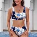 Pink Queen Women High Waisted Bikini Sporty Crop Top High Cut Bathing Suit Sporty 2 Piece Swimsuits Floral Navy 2XL
