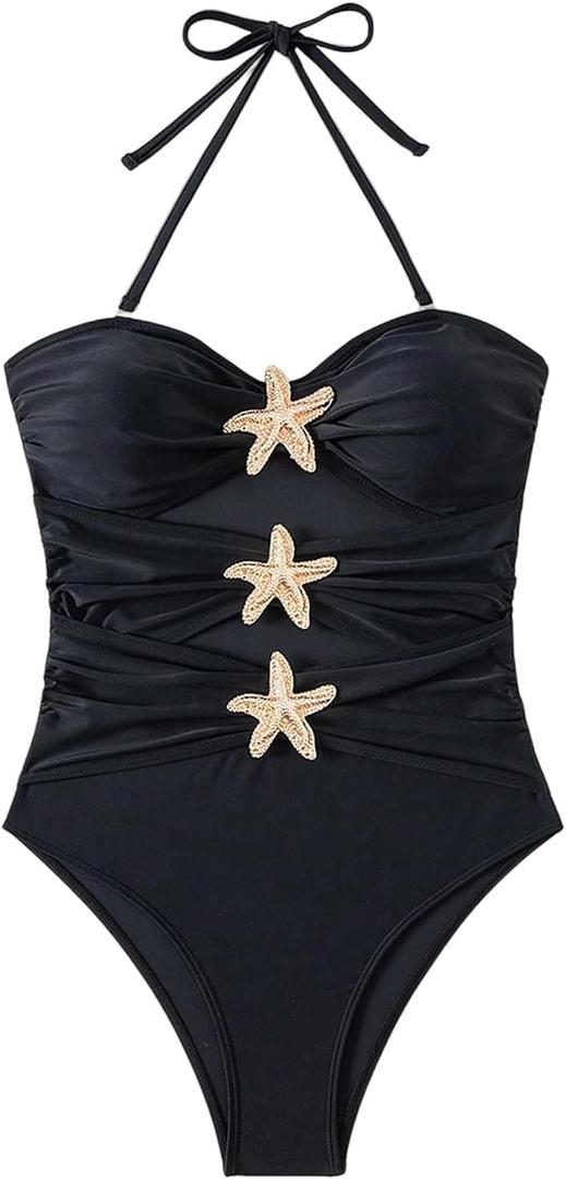 Floerns Women's Halter One Piece Swimsuit Starfish Cut Out Ruched Bathing Suits (Large, Black)
