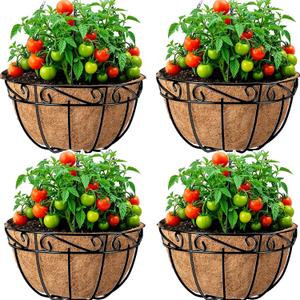 Amagabeli 4 Pack 14 Inch Metal Hanging Baskets Planter Outdoor Round Wire Hanging Basket for Plants with Coco Fiber Liners Chain Plant Holder for Garden Patio Deck Porch Plants Vegetables Flower Pots