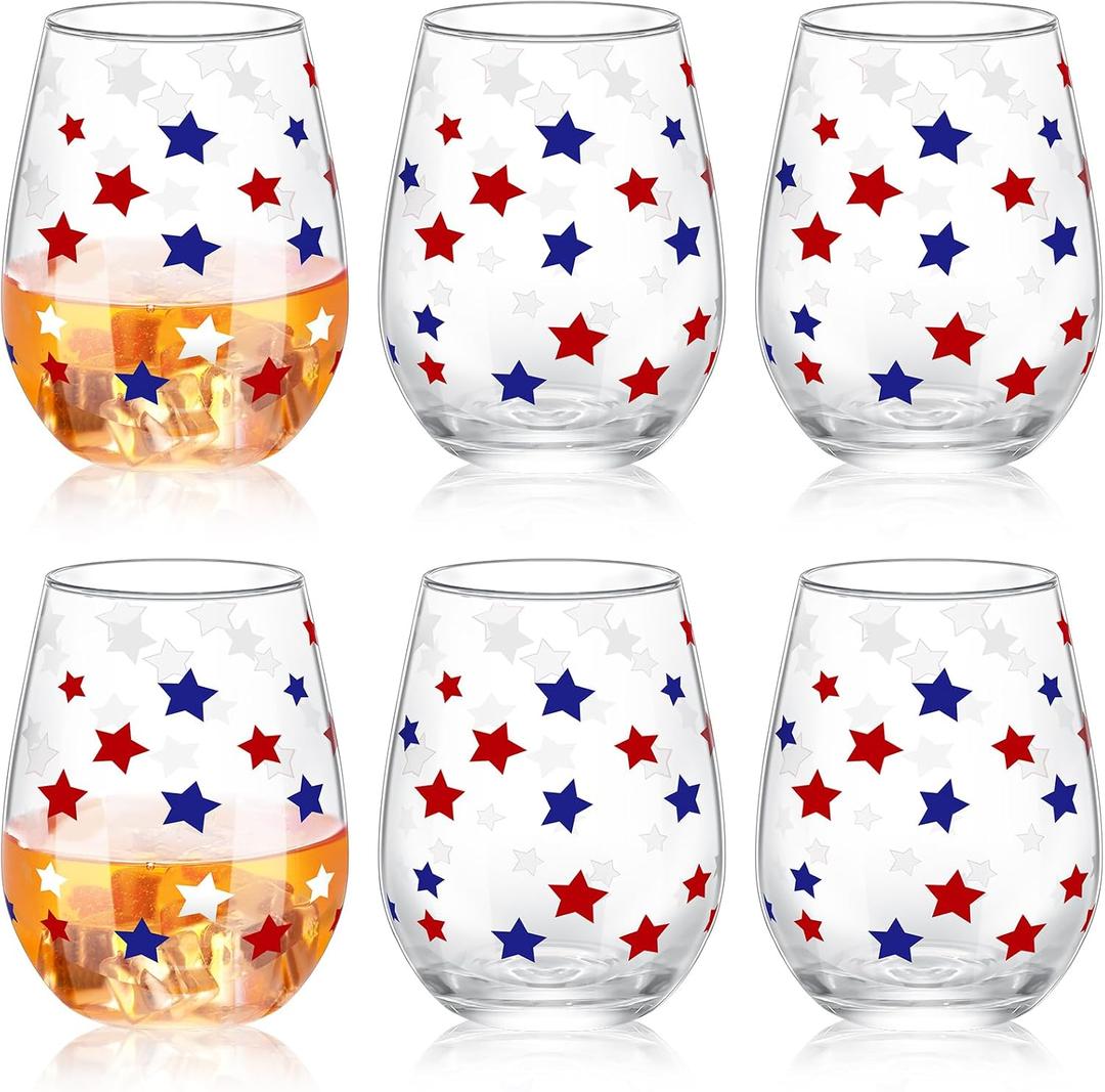 Maxcheck 6 Pcs 4th of July Patriotic Wine Glass Set 18 oz Independence Day Stemless Wine Glasses with Red Blue White Star Design for 4th of July Party Birthday Present Holiday Party Gift