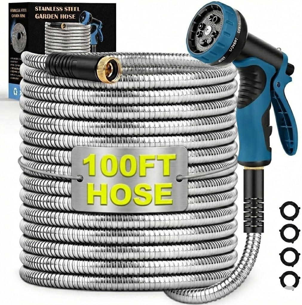 Garden Hose 100FT, Water Hose with 10 Function Nozzle, Garden Hose Metal with Leak-proof Connectors, No-Kink, Lightweight, Puncture-proof, Pet-proof, Sturdy, Hose for Outdoor, Yard
