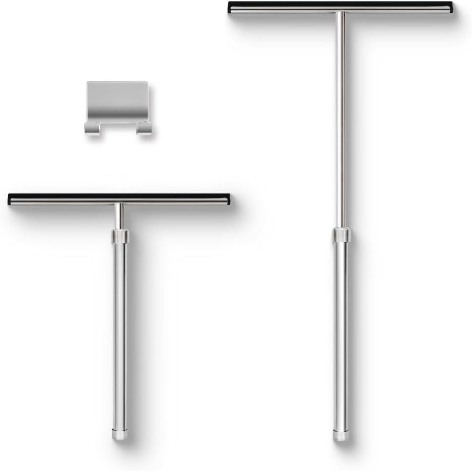 Shower Squeegee with Long Handle and Adhesive Hook. for Glass Doors, Tile Walls, Mirrors and Windows. Telescoping Squeegee for Cleaning. Bathroom Stainless Steel Squeegee, 10inch Wide, Chrome 1pk, pack of 1